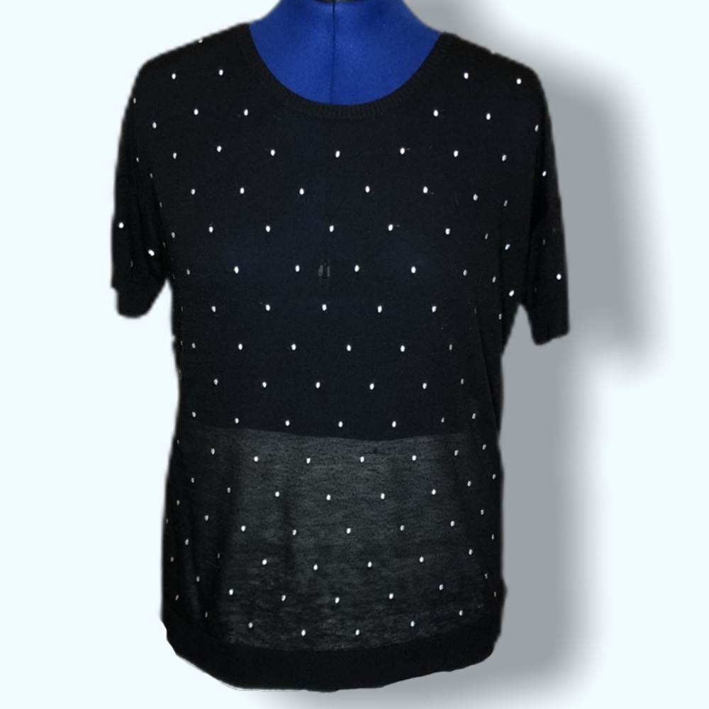 Kensie Sheer Black Short Sleeve Dot Top